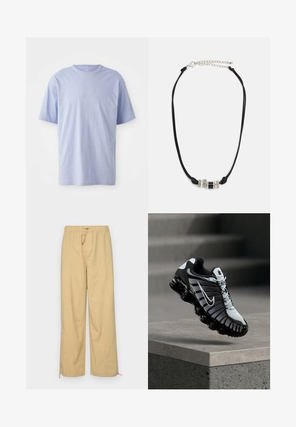 Heleheles sinine puuvillane T-särk ümmarguse kaelusega ja lühikeste varrukatega. Ees keskel on reljeefne "nike" logo. Pehme tekstuur.; Beezid laiad püksid elastse vöökoha, nööpidega detailide ja lukudega pahkluude juures. Sile tekstuur koos peente vertikaalsete joontega.; Mustvalge Nike jooksujalats, mis ripub betoonpinna kohal, taustal treppidega kivisein.; Must mustriga kaelakee, mis sisaldab kolme dekoratiivset metallist helmest: kahte hõbedast tekstureeritud rõngast ja ühte musta silindrilist helmes, reguleeritava ahelaga.
