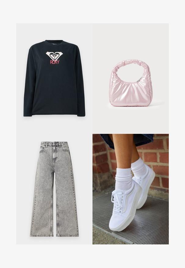 Camiseta negra de manga larga hecha de algodón, con un logo de corazón blanco que tiene dos caras y "ROXY" en rosa debajo del logo.; Jeans de pierna ancha en denim negro desgastado, con una cintura alta, diseño clásico de cinco bolsillos y detalles de costura visibles.; Zapatillas de lona blancas con suelas de goma, que presentan seis ojales, puntera redonda y detalles de costura ligera, combinadas con calcetines blancos hasta el tobillo.; Bolso de mano acolchado en color rosa con un diseño redondeado, fabricado en material brillante. Presenta un asa fruncida y un cierre de cremallera para un acceso seguro.