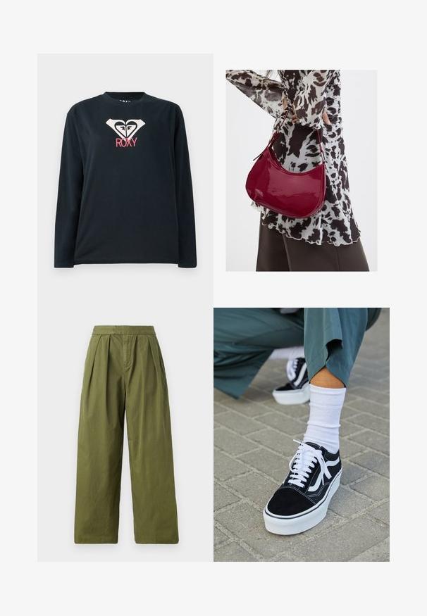 T-shirt noir à manches longues en coton, avec un logo en forme de cœur blanc comportant deux visages et "ROXY" en rose en dessous du logo.; Pantalons larges en vert olive en tissu léger, avec des plis à la taille et une texture uniforme sans poches.; Baskets en suède noir avec des accents et des lacets blancs, présentant une épaisse semelle blanche et des coutures contrastantes, associées à une chaussette blanche.; Femme portant un chemisier à motif noir et blanc tenant un sac à main rouge brillant sur un fond uni.