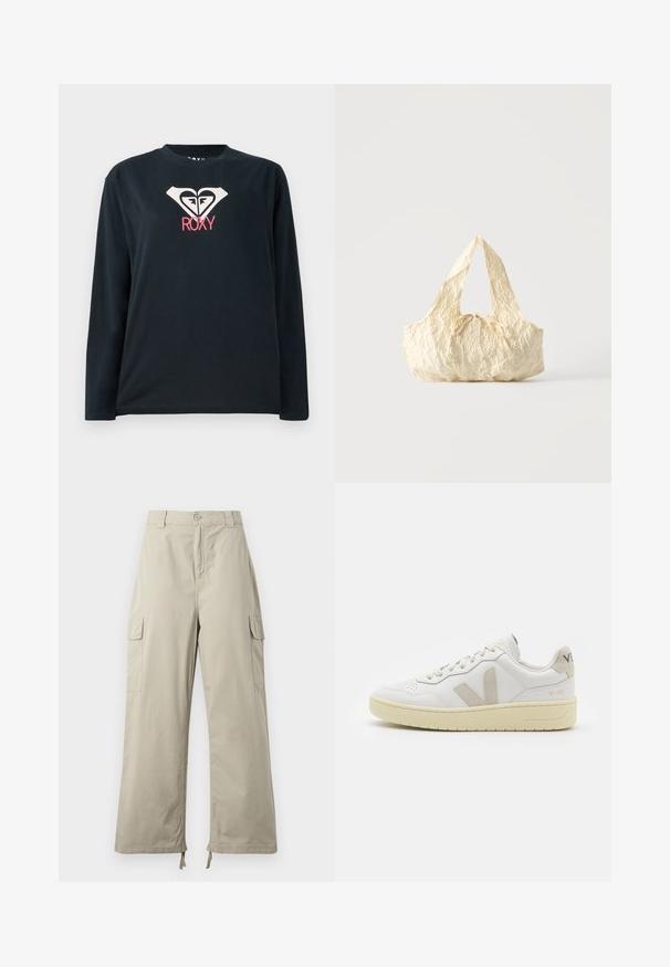 Camiseta negra de manga larga hecha de algodón, con un logo de corazón blanco que tiene dos caras y "ROXY" en rosa debajo del logo.; Pantalones cargo de color beige claro con un ajuste relajado, que cuentan con cierre de botón, bolsillos laterales y dobladillo ajustable con cordones. Textura de tela suave.; Zapatilla de piel blanca con acentos de ante beige, caja de puntera perforada, cordones planos y suela texturizada en color crema. Cuenta con un branding sutil en el talón.; Bolso de tela texturizada color crema con asas superiores y un pequeño detalle de lazo atado en el centro del frente.