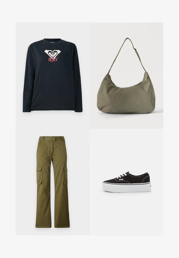 T-shirt noir à manches longues en coton, avec un logo en forme de cœur blanc comportant deux visages et "ROXY" en rose en dessous du logo.; Pantalon cargo vert olive en mélange de coton, avec une coupe droite, deux poches latérales et une fermeture à bouton à la taille.; Baskets en toile noires avec une semelle en caoutchouc blanc, dotées de lacets et de coutures blanches, marquage emblématique sur le côté, design basse.; Sac à épaule en tissu doux vert olive avec fermeture éclair et bandoulière réglable sur un fond uni clair.