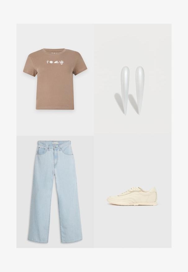 Brun bomulds-t-shirt med rund halsudskæring. Har hvide grafiske elementer: en kaktus, sol, bølger, hånd og hjerte. Korte ærmer.; Lyseblå, vide jeans med høj talje, der har knap- og lynlås lukning, dobbelte forlommer foran og diskrete syningsdetaljer.; Lavprofileret sneaker i cremefarve med bølget syning, snørebånd og en rilleret sål, vist fra siden på en ensfarvet baggrund.; To aflange, glatte, hvide ovale genstande med spidse ender, der kaster bløde skygger på en lys overflade.