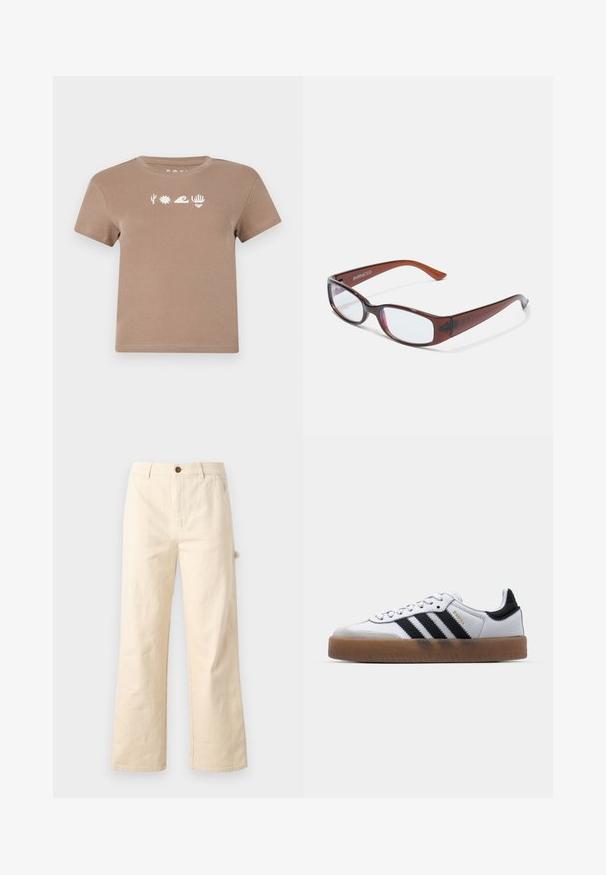 Bruine katoenen T-shirt met een ronde hals. Voorzien van witte grafische elementen: een cactus, zon, golf, hand en hart. Korte mouwen.; Wijdvallende beige broek van katoen met een knoopsluiting, voorzien van zijzakken en een strakke, minimalistische uitstraling.; Witte leren sneakers met zwarte strepen, gumrubberen buitenzool, ronde neus, vetersluiting en een zachte grijze suède neuskap.; Bruin getinte rechthoekige brillen met een glanzende afwerking, met slanke pootjes en doorzichtige glazen. Logo zichtbaar op de linkertempel.