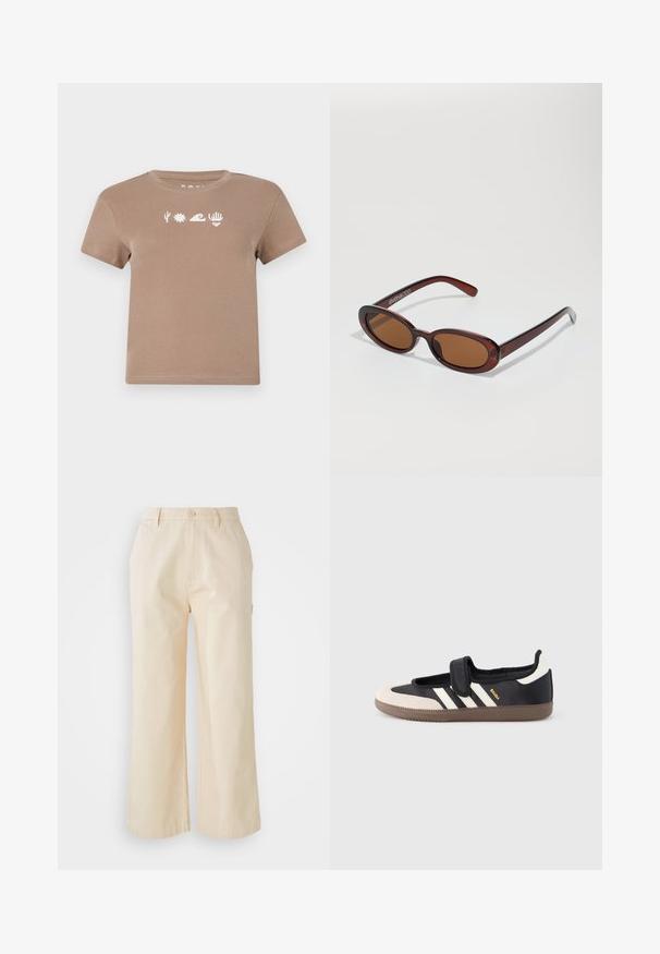 Camiseta de algodón marrón con cuello de barco. Presenta elementos gráficos en blanco: un cactus, un sol, una ola, una mano y un corazón. Mangas cortas.; Pantalones de pierna ancha de color beige claro, hechos de algodón con una textura suave, que cuentan con un cierre frontal de botón y bolsillos laterales.; Zapatilla negra y beige con una correa de velcro, tres rayas blancas en el lateral y una suela de goma marrón texturizada. Logotipo de la marca visible.; Gafas de sol redondas con tinte marrón y un marco burdeos brillante. Patillas delgadas con un sutil detalle de marca. Diseño de lentes planos.