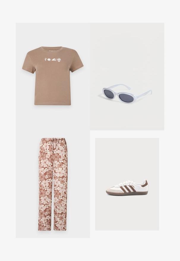 Bruine katoenen T-shirt met een ronde hals. Voorzien van witte grafische elementen: een cactus, zon, golf, hand en hart. Korte mouwen.; Bruine broek met trekkoord, voorzien van een groot wit en lichtbruin bloemmotief, rechte snit, getoond op een witte achtergrond.; Witte Adidas Samba sneaker met bruine suède strepen, bruine suède neus en gumzool op een lichtgrijze achtergrond.; Ovaalvormige zonnebril met wit montuur en donker getinte glazen, liggend op een witte ondergrond.