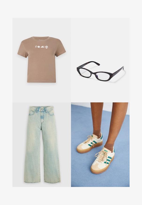 Brun bomulds-t-shirt med rund halsudskæring. Har hvide grafiske elementer: en kaktus, sol, bølger, hånd og hjerte. Korte ærmer.; Lyseblå denim bukser med vide ben har høj talje, falmet finish, fem-lomme design og lige ben med rå kant.; Beige sneakers med mørkegrønne striber, gummisål, overdel i ruskind og tekstil samt neutralt hardware, parret med brune sokker på en lyseblå overflade.; Katteøje briller med en blank mørk skildpadde plastisk ramme, der har buede arme og klare linser. Minimal branding på siden.