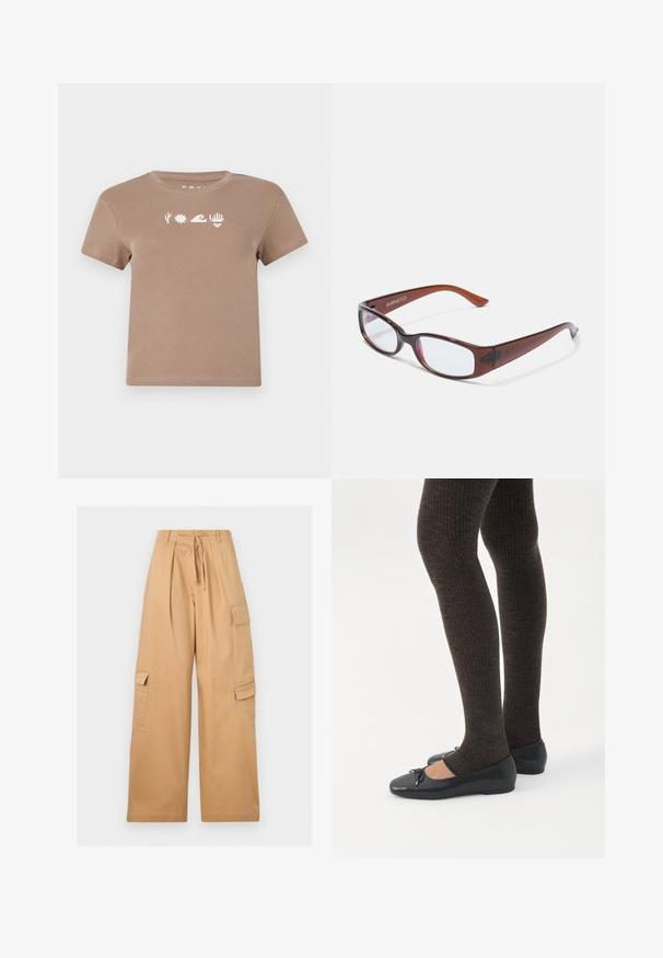 Brun bomulds-t-shirt med rund halsudskæring. Har hvide grafiske elementer: en kaktus, sol, bølger, hånd og hjerte. Korte ærmer.; Beige vidde cargobukser med frontplisser, sidelommer med klap, bæltestropper og et stofbindebælte i taljen.; Ben iført mørke ribbede leggings kombineret med sorte balletsko med små sløjfedetaljer på hvid baggrund.; Brune-farvede rektangulære briller med en glat overflade, der har slanke arme og gennemsigtige linser. Logoet er synligt på venstre temple.