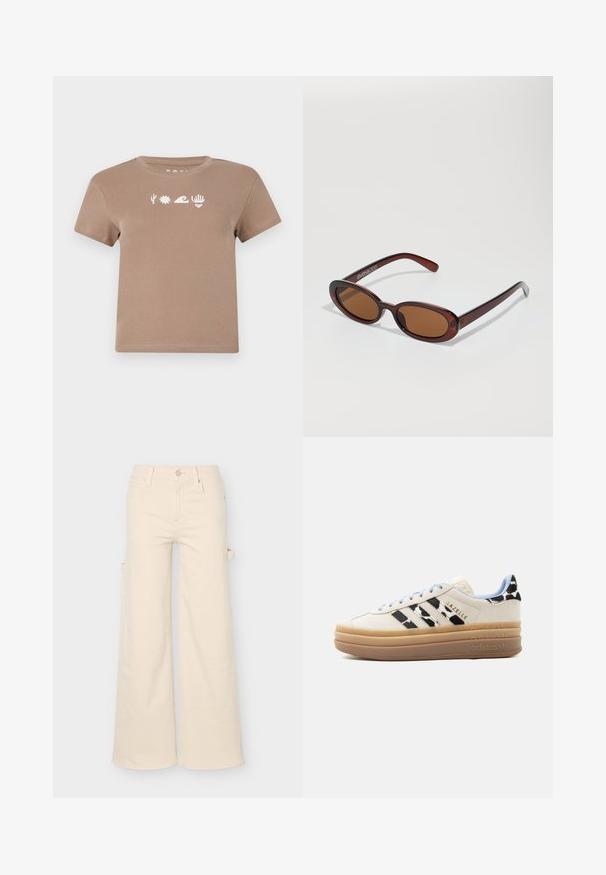 Bruine katoenen T-shirt met een ronde hals. Voorzien van witte grafische elementen: een cactus, zon, golf, hand en hart. Korte mouwen.; Beige broek met wijde pijpen, voor- en achterzakken, riemlussen, knoopsluiting en een zijlusdetail op een effen achtergrond.; Off-white Adidas Gazelle sneaker met lichtblauwe veters, zwart-wit gestreept patroon en drievoudige beige gestapelde zool.; Ronde, bruin getinte zonnebril met een glanzend bordeauxrood frame. Slanke pootjes met subtiele merkdetails. Vlakke lensontwerp.