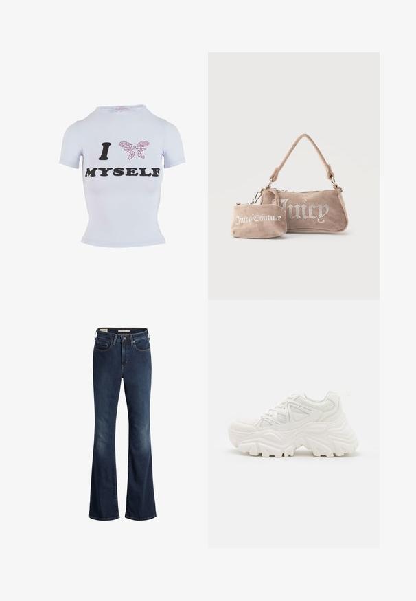 Witte t-shirt met korte mouwen met zwarte tekst "I" en "MYSELF" en een roze vlinderontwerp van rhinestones. Aansluitend silhouet.; Donkerblauwe flared jeans van denim, met een knoop- en ritssluiting, vijf zakken en subtiele vervaging op de dijen.; Witte chunky sneakers met een textuur bovenwerk, meshpanelen en dikke rubberen zolen met een uitgesproken profiel. Inclusief veters en een aantreklip.; Twee beige suède Juicy Couture-tassen, één een kleine polstas met logo, de andere een schoudertas met strass-steentjes die het woord "Juicy" vormen.