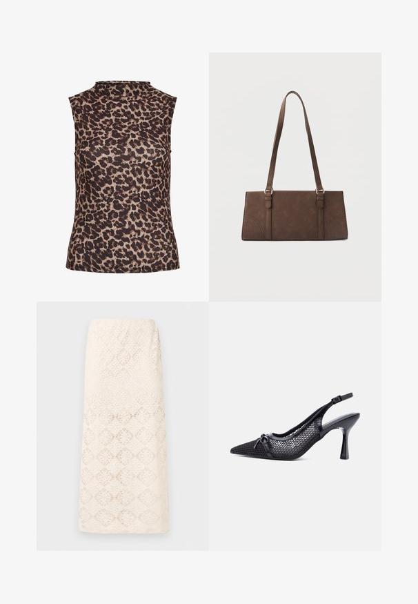 Mouwloos topje in luipaardprint, met een hoge hals. Gemaakt van een gladde, rekbare stof met een bruin en beige kleurenschema.; Beige kanten kokerrok tot op de knie met een bloemig cirkelpatroon en een rechte zoom.; Zwarte slingback hoge hak met een puntige neus, een honingraatpatroon van gaas en een klein sierstrikje aan de voorkant.; Bruine rechthoekige schoudertas met lange riemen en minimale stikdetails op een effen achtergrond.