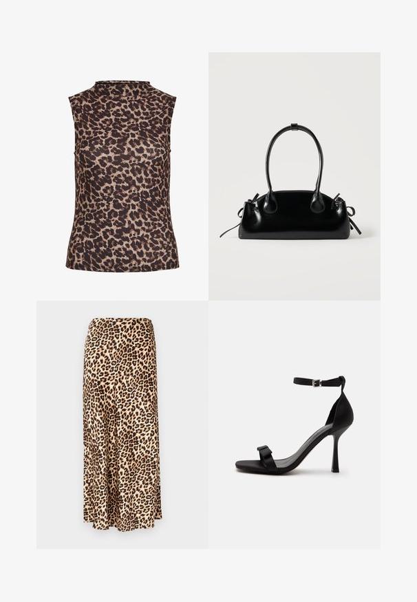 Ærmeløs top i leopardprint med højt halsudskæring. Fremstillet af et glat, strækbart stof i brune og beige nuancer.; Løleopardprint lang nederdel lavet af glat stof. Tan base med sorte og brune pletter. Udsvingende design med en lige kant.; Sort højhælet sandal med ankelrem, sølvspænde og en frontrem med en lille sløjfedetalje.; Lille sort blank håndtaske med to lange håndtag og snøre-detaljer i siden på en ensfarvet lys baggrund.