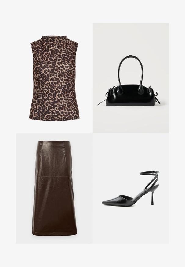 Ærmeløs top i leopardprint med højt halsudskæring. Fremstillet af et glat, strækbart stof i brune og beige nuancer.; Brun lædernederdel med en glat overflade, lige silhuet og subtil glans. Har en knælængde og minimale syninger.; Sort spids højhælet sko med tynde ankelremme og sølvspænde på en ensfarvet lys baggrund.; Lille sort blank håndtaske med to lange håndtag og snøre-detaljer i siden på en ensfarvet lys baggrund.