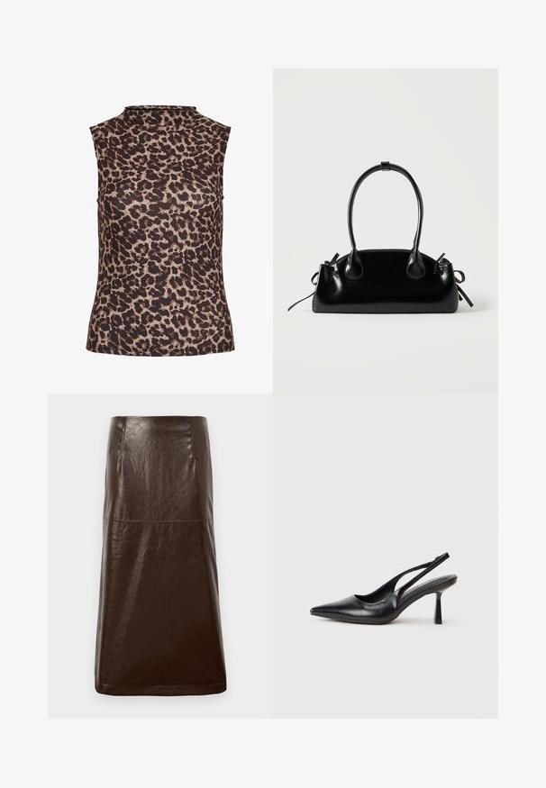 Ærmeløs top i leopardprint med højt halsudskæring. Fremstillet af et glat, strækbart stof i brune og beige nuancer.; Brun lædernederdel med en glat overflade, lige silhuet og subtil glans. Har en knælængde og minimale syninger.; Sort læderslagback højhælet sko med spids tå og slank hæl på en hvid baggrund.; Lille sort blank håndtaske med to lange håndtag og snøre-detaljer i siden på en ensfarvet lys baggrund.