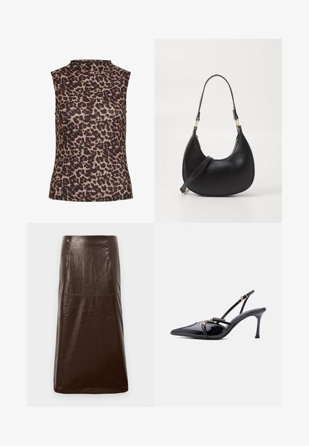 Ærmeløs top i leopardprint med højt halsudskæring. Fremstillet af et glat, strækbart stof i brune og beige nuancer.; Brun lædernederdel med en glat overflade, lige silhuet og subtil glans. Har en knælængde og minimale syninger.; Sort laklæder spids tå slingback-hæl med tynde stropper og små spænder i guldton på en hvid baggrund.; Sort læder håndtaske med en buet form, udstyret med en top-lynlås, et kort håndtag og en aftagelig crossbody-strop. Gyldne hardware-accenter.