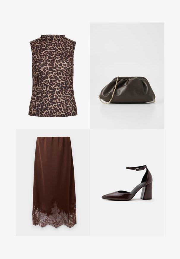 Ærmeløs top i leopardprint med højt halsudskæring. Fremstillet af et glat, strækbart stof i brune og beige nuancer.; Brun satin nederdel med bølget blonderkant, lige snit og elastisk taljebånd, vist mod en ensfarvet hvid baggrund.; Mørkebrunt læder pumps med spids tå, høj hæl, ankelrem og sølvspænde på hvid baggrund.; Brun læderhandtaske med en sammensnøring, guld kædestrop og blød, struktureret overflade. Kompakt form velegnet til aftensbrug.
