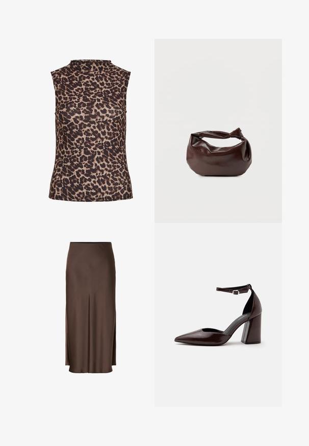 Ærmeløs top i leopardprint med højt halsudskæring. Fremstillet af et glat, strækbart stof i brune og beige nuancer.; Brun satin nederdel med et lige design, der har sideslids for let bevægelse og en glat tekstur gennem stoffet.; Mørkebrunt læder pumps med spids tå, høj hæl, ankelrem og sølvspænde på hvid baggrund.; Mørkebrun læder skuldertaske med en blød, afslappet form og et snoet knudehåndtag på en ensartet hvid baggrund.