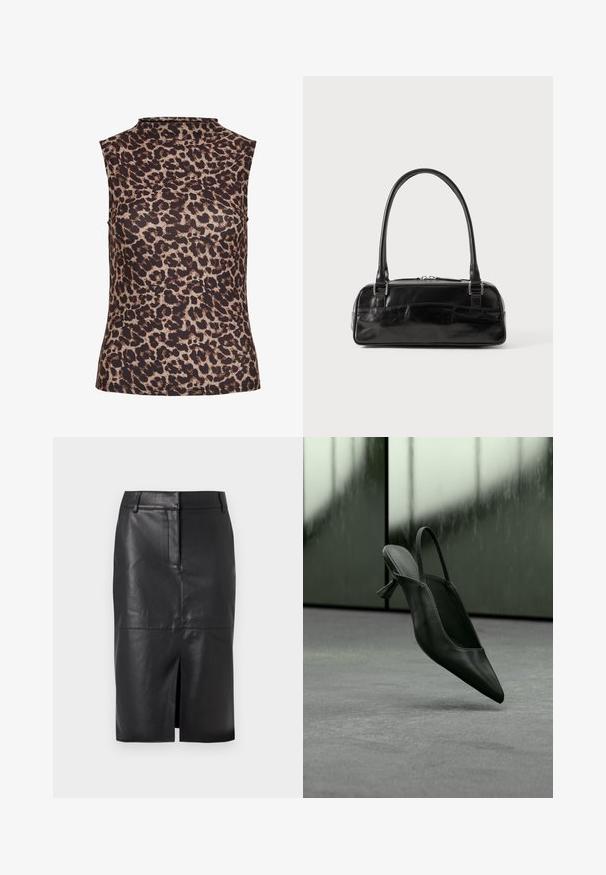 Ærmeløs top i leopardprint med højt halsudskæring. Fremstillet af et glat, strækbart stof i brune og beige nuancer.; Sort læder blyantskørter med en forslidser, der har en glat tekstur, to sidelommer og en tætsiddende silhuet.; Sort læder slingback højhælet sko med spids tå svævende over gråt tæppe, sløret grønlig væg i baggrunden.; Sort læderhåndtaske med rektangulær form, der har et enkelt struktureret håndtag, sølvhardware og lynlås-lukning. Glat tekstur.