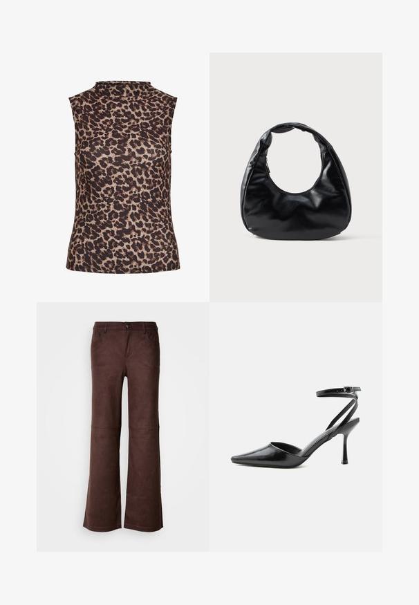Ærmeløs top i leopardprint med højt halsudskæring. Fremstillet af et glat, strækbart stof i brune og beige nuancer.; Brune flagrende bukser i et blødt, suede-lignende stof. Har fire lommer, en knaplukning og en glat, tekstureret overflade.; Sort spids højhælet sko med tynde ankelremme og sølvspænde på en ensfarvet lys baggrund.; Sort faux læder håndtaske med en unik halvmåneform, et bredt, polstret håndtag og en lynlåslukning. Glat, blank tekstur og minimalistisk design.