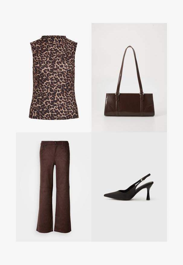 Ærmeløs top i leopardprint med højt halsudskæring. Fremstillet af et glat, strækbart stof i brune og beige nuancer.; Brune flagrende bukser i et blødt, suede-lignende stof. Har fire lommer, en knaplukning og en glat, tekstureret overflade.; Sorte slingback hæle med spids tå, glat mat finish og en slank, blank hæl. Justerbar rem med lille spænde detaljer.; Brun lakeret håndtaske med rektangulær form, to lange håndtag og subtile buede detaljer på fronten.