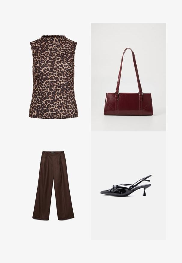 Ærmeløs top i leopardprint med højt halsudskæring. Fremstillet af et glat, strækbart stof i brune og beige nuancer.; Brune, højttaljede, vide bukser med forreste plisseringer og sidelommer, skræddersyet til en afslappet pasform.; Sort laklæder slingback-pumpe med spids tå, lav kittenhæl og dekorativ knyttet sløjfedetalje foran.; Bordeaux håndtaske lavet af glansfuldt materiale, rektangulær form, med to skulderremme og subtile buede detaljer på forsiden.