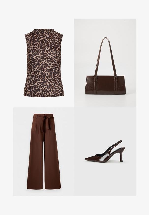 Ærmeløs top i leopardprint med højt halsudskæring. Fremstillet af et glat, strækbart stof i brune og beige nuancer.; Brune vidde bukser med høj talje, plisseringer og et stofbælte bundet i en sløjfe ved taljen.; Brune patenterede læderslingback-sandaletter med spids tå, en tynd hæl og justerbar rem med en lille spænde.; Brun lakeret håndtaske med rektangulær form, to lange håndtag og subtile buede detaljer på fronten.