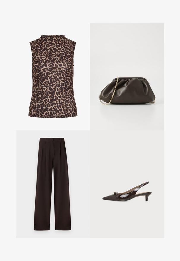 Ærmeløs top i leopardprint med højt halsudskæring. Fremstillet af et glat, strækbart stof i brune og beige nuancer.; Mørkebrune bukser med vide ben, plisseringer og bæltestropper, med lynlås foran og ren kant mod en ensfarvet baggrund.; Skinnende mørkebrun pegefod-slingback sko med lav killingehæl og lille dekorativ spænde på frontstroppen.; Brun læderhandtaske med en sammensnøring, guld kædestrop og blød, struktureret overflade. Kompakt form velegnet til aftensbrug.
