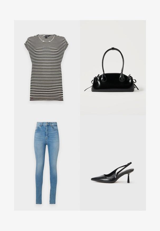 T-shirt à manches courtes noir et blanc à rayures, avec un col rond, une coupe décontractée et une texture de tissu en coton doux.; Jeans skinny taille haute en denim bleu clair. Comprend des passants de ceinture, une fermeture à bouton sur le devant et un design standard à quatre poches.; Chaussure à talon haut en cuir noir, à bride arrière, avec un bout pointu et un talon fin sur fond blanc.; Petit sac à main noir brillant avec deux longues anses et des détails à cordon sur les côtés sur un fond clair uni.