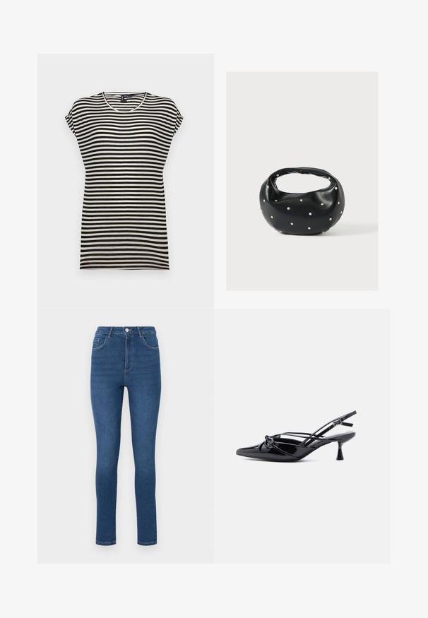 T-shirt à manches courtes noir et blanc à rayures, avec un col rond, une coupe décontractée et une texture de tissu en coton doux.; Jean skinny en denim bleu foncé avec taille haute, cinq poches et détails de couture subtils. Le tissu semble lisse et légèrement extensible.; Escarpin slingback en cuir verni noir, bout pointu, petit talon kitten et nœud décoratif noué à l'avant.; Sac à main en cuir noir de forme arrondie, décoré de clous argentés et équipé d'une poignée courte. Texture lisse et fermeture éclair.