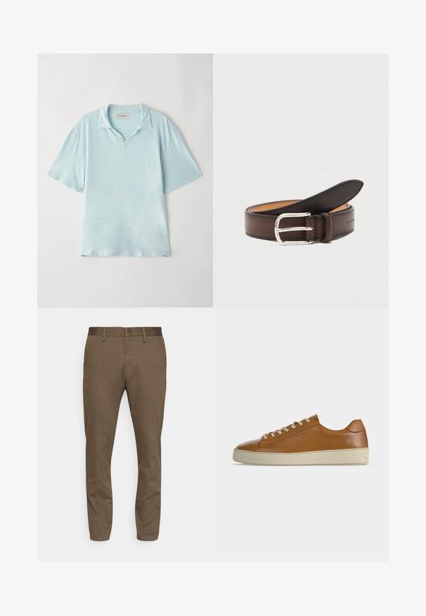 Hellblaues, kurzärmliges Poloshirt mit Kragen und einem lässigen Schnitt. Weicher, strukturierter Stoff mit einem subtilen Melange-Muster.; Braune, dehnbare Stoffhose mit schmalem Schnitt. Merkmale einen glatten Bund, Gürtelschlaufen und zwei Vorderaschen.; Brauner Low-Top-Ledersneaker mit cremefarbenen Schnürsenkeln und dicker cremefarbener Gummisohle, seitlich auf weißem Hintergrund dargestellt.; Dunkelbrauner Ledergürtel, zusammengerollt, mit silberner rechteckiger Schnalle auf weißem Hintergrund.