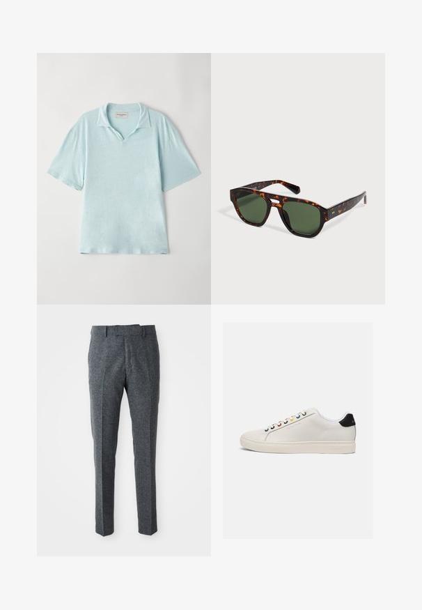 Hellblaues, kurzärmliges Poloshirt mit Kragen und einem lässigen Schnitt. Weicher, strukturierter Stoff mit einem subtilen Melange-Muster.; Graue Wollhose mit schmaler Passform, flachem Bund und zwei seitlichen Taschen. Sie hat eine glatte Textur und ein dezentes Gewebe-Muster.; Weiße Leder Sneaker mit leicht abgerundetem Zeh, flacher Sohle, mehrfarbigen Ösen, schwarzer Ferse und geprägt Logo an der Seite.; Rechteckige Sonnenbrille mit Schildpattmuster, dunkelgrünen Gläsern und einem Schlüsselloch-Stegbügel auf neutralem Hintergrund.