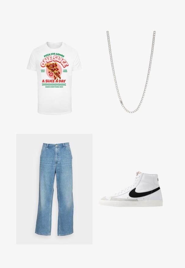 Witte t-shirt met een grafische print van een pizzapunt met pepperoni, vergezeld van kleurrijke tekst en een geruit patroon aan de onderkant.; Lichtblauwe wijde jeans gemaakt van denim. Heeft een hoge taille, knoopsluiting en een standaard vijf-pocket ontwerp. Gladde textuur.; Witte hoge sneakers met een zwarte swoosh, textuur grijze neus en een vlakke witte zool. Kenmerkt zes veteropeningen en gestikte accenten.; Zilveren ketting met in elkaar grijpende schakels, een gladde textuur en een uniforme rechthoekige vorm. Veilige sluiting.