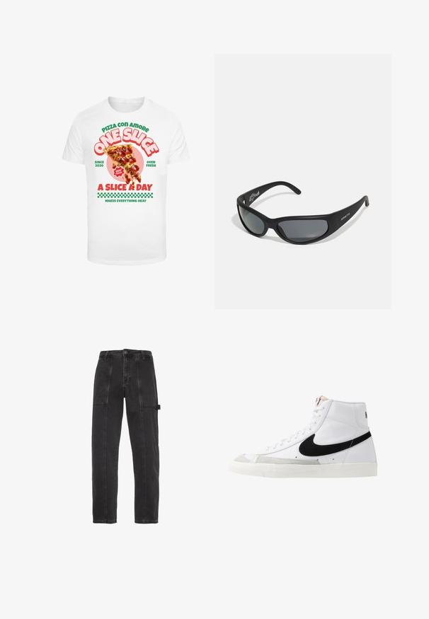 Hvid t-shirt med grafisk print af en pizzaslice med pepperoni, ledsaget af farverig tekst og et ternet mønster nederst.; Sorte denimbukser med lige ben-design, synlige sømme og en sidelomme på venstre lår.; Hvide høje sneakers med et sort swoosh, struktureret grå tåhætte og flad hvid sål. Har seks snørrehuller og syede detaljer.; Sorte solbriller med en buet ramme og mørke linser. Har en mat overflade og mærkenavnet "ARNETTE" på siden.