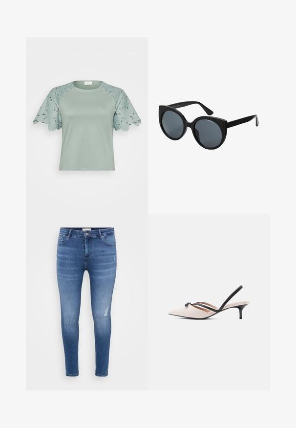 Lys grøn top med blondeærmer, der har blomsterkanter og udskæringsdetaljer, der fremhæver et afslappet, men stilfuldt design.; Slanke jeans i lyseblå denim med subtile slidte accenter, fem lommer og lynlås-lukning. Glat tekstur.; Beige slingback-hæl med spids tå, sorte remme og en sløjfedetalje; har en slank, sort stilet-hæl og en glat læderoverflade.; Storede sorte oversized solbriller med katteøjeform, mørkt tonede linser og glansfuldt plastisk stel. Har tykke stænger for støtte.