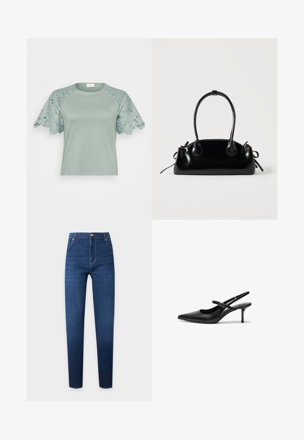 Lichtgroene top met kantensleeves met bloemmotieven en uitsnijdingen, die een casual maar stijlvolle uitstraling laat zien.; Donkerblauwe skinny jeans met hoge taille, knoopsluiting aan de voorkant, rits en klassiek ontwerp met vijf zakken.; Zwarte leren slingback hakken met een puntige neus, slanke verstelbare band en een ongeveer 5 cm hoge stiletto hak, met een gladde textuur.; Kleine zwarte glanzende handtas met twee lange hengsels en zijkant trekkoord details op een effen lichte achtergrond.