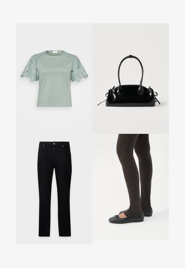 Top verde claro con mangas de encaje que presenta patrones florales y detalles recortados, mostrando un diseño casual pero elegante.; Pantalones negros de corte recto, con bolsillos frontales, trabillas para cinturón y cierre de botón en la cintura sobre un fondo claro.; Piernas con leggings oscuros acanalados combinados con bailarinas negras que presentan pequeños detalles de lazo sobre un fondo blanco.; Pequeño bolso negro brillante con dos asas largas y detalles de cordón lateral sobre un fondo claro liso.