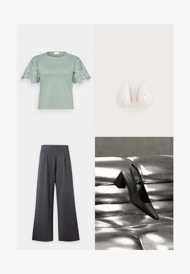 Lys grøn top med blondeærmer, der har blomsterkanter og udskæringsdetaljer, der fremhæver et afslappet, men stilfuldt design.; Mørkegrå bukser med høj talje og vide ben, med forreste plisseringer og en glat linning, vist på en lys baggrund.; Sort slingback-hæl med spids tå, der har en tekstureret overflade og en chunky blokhæl. Lagt mod en skinnende, metallisk baggrund.; Sølvmetal dråbeøreringe med en glat, reflekterende overflade og tåreform, der har et sammenhængende design uden synlige udsmykninger.