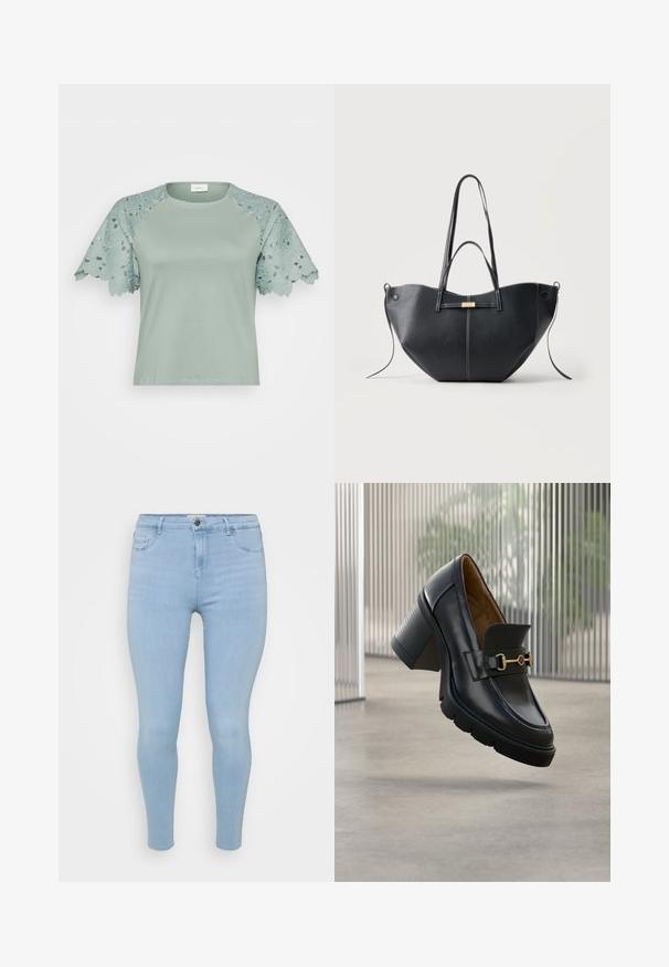 Lys grøn top med blondeærmer, der har blomsterkanter og udskæringsdetaljer, der fremhæver et afslappet, men stilfuldt design.; Lysblå skinny jeans lavet af denim, med knaplukning, fem lommer og en glat, let falmet tekstur.; Sort læder mokasin med hæl, chunky sål og detaljer i guldmetal, vist mod en minimalistisk indendørs baggrund med lodrette linjer.; Sort struktureret lædertaske med to lange håndtag, to korte håndtag, hvide syninger og en lille gylden rektangulær lås i midten.