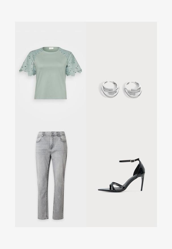 Hellgrünes Oberteil mit Spitzenärmeln, das florale Muster und Ausschnittdetails aufweist, und einen lässigen, aber stilvollen Entwurf präsentiert.; Graue Jeans mit geradem Bein, vorderer Knopfleiste, Reißverschluss und Fünf-Taschen-Stil vor weißem Hintergrund.; Schwarze Sandale aus Lackleder mit hohem Absatz, dünnem Knöchelriemen, offenem Zehenbereich und minimalistischem Design auf hellem, einfarbigem Hintergrund.; Paar polierte silberne Creolen mit geschichtetem, gebogenem Stabdesign auf einem einfarbigen hellen Hintergrund.
