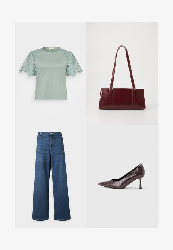 Lys grøn top med blondeærmer, der har blomsterkanter og udskæringsdetaljer, der fremhæver et afslappet, men stilfuldt design.; Blå vidde-benet denim jeans med frontknap og lynlås, forlommer og bæltestropper, vist fladt mod en lys baggrund.; Brune kunstlæder stiletter med spidse tæer og krokodilletekstur, der har en slank, vinklet hæl og en glat inderside.; Bordeaux håndtaske lavet af glansfuldt materiale, rektangulær form, med to skulderremme og subtile buede detaljer på forsiden.