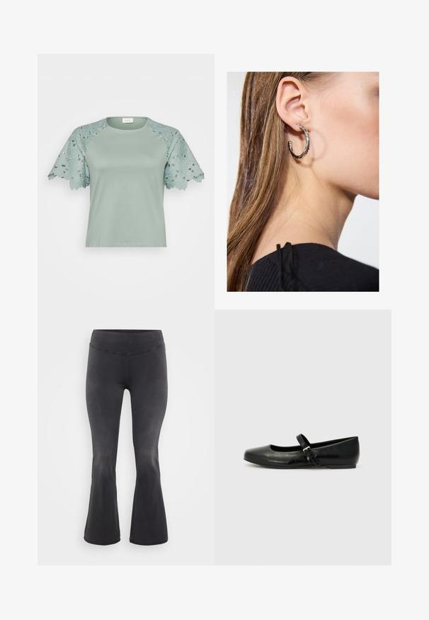 Lys grøn top med blondeærmer, der har blomsterkanter og udskæringsdetaljer, der fremhæver et afslappet, men stilfuldt design.; ONLY Carmakoma Flared fit CARROYAL Mid waist - Flared jeans - washed black; Sorte læder balletflade med rund tå, flad sål og en tynd justerbar rem over svangen med en metalspænde.; Sølv hoop ørestik med en poleret overflade, prydet med små guld accenter og en rund form, båret på øreflippen.