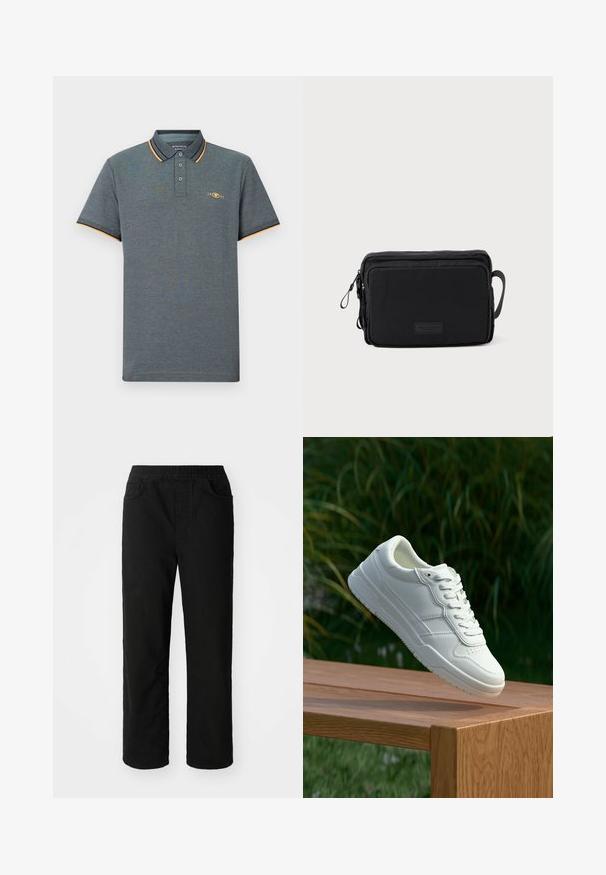 Grå polo shirt med et tekstureret stof, der har en tre-knaps placket, lyseblå og orange kraveaccenter samt et lille logo på brystet.; Sorte bomuldsbukser med en afslappet pasform, elastisk talje, to frontlommer og lige ben. Glat tekstur uden synlige mønstre.; Hvide lædersneakers med en glat overflade, prydet med perforeret design, klassisk snørering og gummisål, placeret over en træoverflade.; Sort rektangulær taske lavet af glat stof, med lynlåslukning, en sidelomme og et lille logo-patch på forsiden.