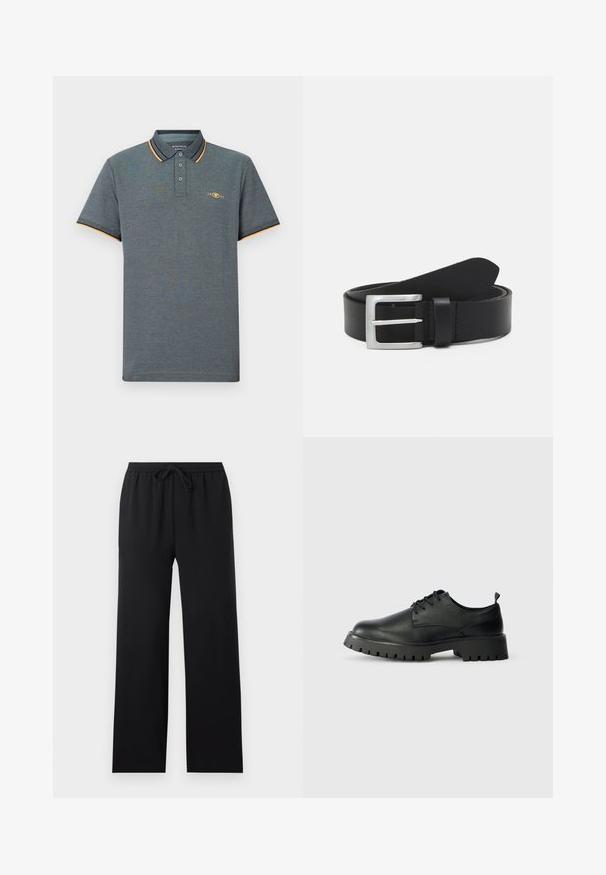 Grå polo shirt med et tekstureret stof, der har en tre-knaps placket, lyseblå og orange kraveaccenter samt et lille logo på brystet.; Sorte løstsiddende bukser med elastisk talje og forreste snor, lige ben, ensfarvet design, vist på en neutral baggrund.; Sorte læder snøresko med rund tå, tekstureret overflade og kraftig gummisål med dybe riller for bedre greb.; Sort læderbælte med en glat overflade, sølv rektangulær spænde og en løkke til enden. Har pæne stikninger langs kanterne.