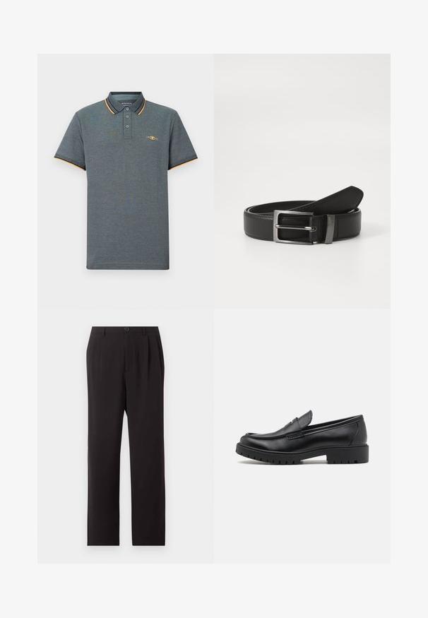 Polo gris con una tela texturizada, que presenta una tapeta de tres botones, acentos en color azul claro y naranja en el cuello, y un pequeño logo en el pecho.; Pantalones negros de talle alto confeccionados a medida con pliegues, cierre de botones, trabillas para cinturón y piernas rectas sobre un fondo claro y liso.; Mocasines de cuero negro con punta redondeada, diseño sin cordones y suela de goma gruesa con agarre texturizado. Tacón elevado y detalles de costura sutiles.; Cinturón de cuero negro con hebilla de metal plateada, que presenta un acabado suave y un diseño clásico. El cinturón está neatly doblado.