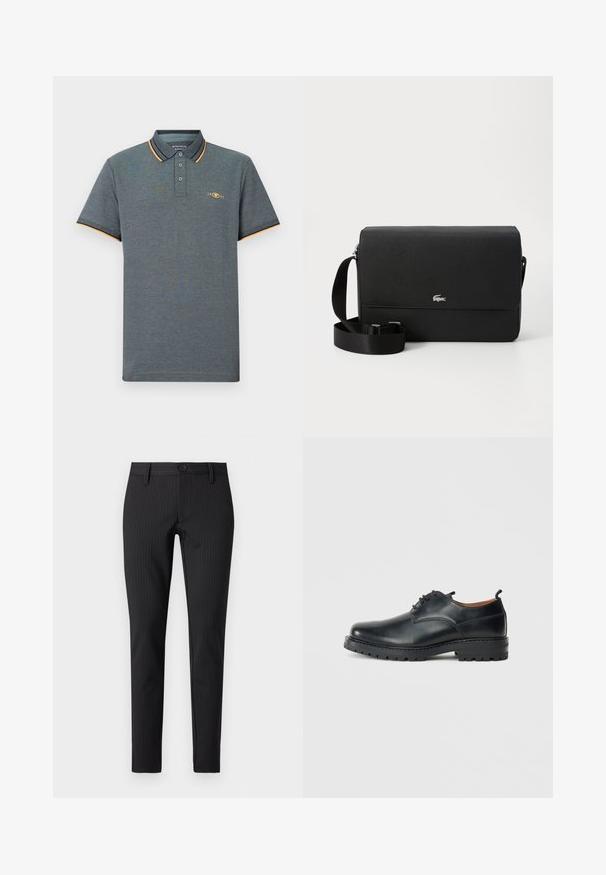 Grå polo shirt med et tekstureret stof, der har en tre-knaps placket, lyseblå og orange kraveaccenter samt et lille logo på brystet.; Sorte stribede bukser med flad front, slim fit, med knaplukning og bæltesløjfer, lavet af et glat tekstilmateriale.; Sorte læder derby-sko med en glat overflade, rund tå, snøre-design og en tyk, robust gummisål.; Sort læder crossbody taske med en glat overflade, en frontklap, sølv logo accent og en justerbar stofrem.