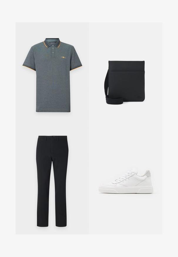 Polo gris con una tela texturizada, que presenta una tapeta de tres botones, acentos en color azul claro y naranja en el cuello, y un pequeño logo en el pecho.; Pantalones rectos negros, hechos de tejido suave. Cuentan con un cierre frontal de botón, pasadores para cinturón y dos bolsillos laterales.; Zapatillas de cuero blanca con un acabado suave, punta redondeada, cordones planos y una suela texturada. Acento de ante gris en el talón.; Bolso cruzado negro hecho de tela texturizada, con un diseño rectangular simple, correa ajustable y un logo en la parte frontal.