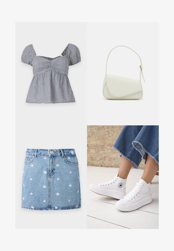 Hollister Co. CROSS BACK - Topp - white; Helehelesin sinine teksaseelik, millel on valged ääriseidud lillemustrid, viis taskut ja nööbid ees, otsekeskmise, mini-vormi lõikega.; Isik kannab valgeid kõrge säärega Converse tossusid paksude talladega ning lühendatud äärega siniseid teksapükse telliskiviseina ja valge põranda taustal.; Valge kunstnahast käekott, millel on struktureeritud kolmnurkne kuju, üks reguleeritav rihm ja kõverjooneline klapp.
