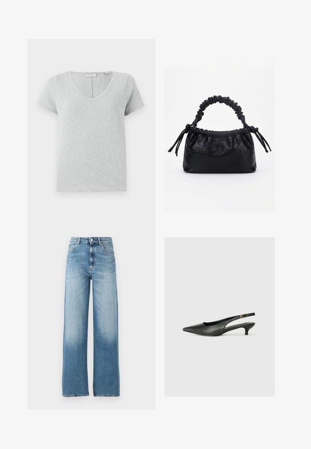 Graues Kurzarm-T-Shirt aus weichem Stoff mit V-Ausschnitt und lockerer Passform. Verfügt über eine subtile Textur und ein einfaches Design.; Helles Blau, weit geschnittene Jeans mit hoher Taille. Aus Denim gefertigt, mit Knopfverschluss und fünf Taschen. Hellt sich zum unteren Teil hin auf.; Schwarzer Slingback-Schuh mit spitzem Zehenbereich aus glattem Leder. Mit einem dünnen Absatz und einer dekorativen Schnalle am verstellbaren Riemen.; Schwarze Handtasche mit Krokodilstruktur, gerafftem oberen Rand, zusammengezogenem Griff und Zugkordeln mit Quasten an jeder Seite vor weißem Hintergrund.