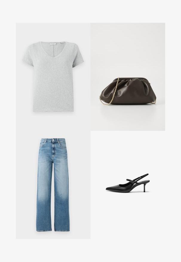 Grå kortærmet T-shirt lavet af blødt stof med V-hals og en afslappet pasform. Har subtil tekstur og et enkelt design.; Lysblå, vide jeans med høj talje. Lavet af denim, med knaplukning og fem lommer. Fades mod bunden.; Sorte læder slingback hæle med spids tå, slank justerbar rem og en stiletto hæl på cirka 5 cm, glat tekstur.; Brun læderhandtaske med en sammensnøring, guld kædestrop og blød, struktureret overflade. Kompakt form velegnet til aftensbrug.
