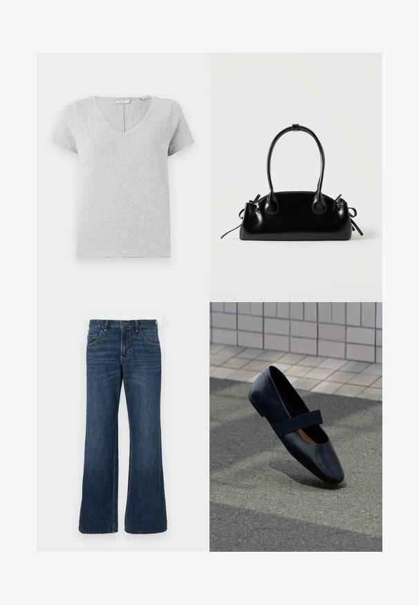 Graues Kurzarm-T-Shirt aus weichem Stoff mit V-Ausschnitt und lockerer Passform. Verfügt über eine subtile Textur und ein einfaches Design.; Dunkelblaue Jeans mit weitem Bein und klassischem Fünf-Taschen-Design, mit Knopfverschluss und dezentem Used-Look. Hergestellt aus Denimstoff.; Schwarze Leder-Ballerina mit runder Zehenpartie, ausgestattet mit einem weichen schwarzen Elastikband über dem Vorderfuß. Glatte Textur und minimalistisches Design.; Kleine schwarze glänzende Handtasche mit zwei langen Griffen und seitlichen Kordelzug-Details vor einfachem hellem Hintergrund.