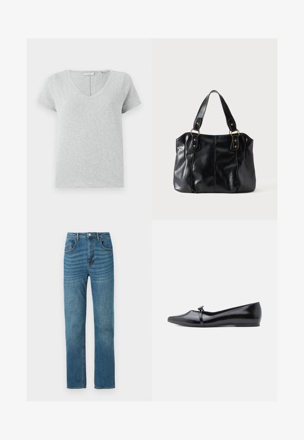 Graues Kurzarm-T-Shirt aus weichem Stoff mit V-Ausschnitt und lockerer Passform. Verfügt über eine subtile Textur und ein einfaches Design.; Blaue Jeans mit geradem Bein, fünf Taschen, Knopfverschluss und dezenten horizontalen Verwaschungen im oberen vorderen Bereich.; Schwarzer Ballerina aus Lackleder mit spitzer Kappe, dekorativem Riemen und glatter Textur. Minimalistisches Design ohne sichtbare Akzente.; Schwarze Leder-Schultertasche mit doppelten Trägern, befestigt durch goldene Ringe und Nieten, glatte und leicht glänzende Oberfläche, schlichtes Design.